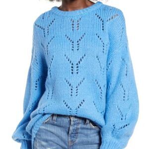 Blue J.O.A. Open Stitch Balloon Sleeve Crew Neck Pullover Knit Sweater (NWT)